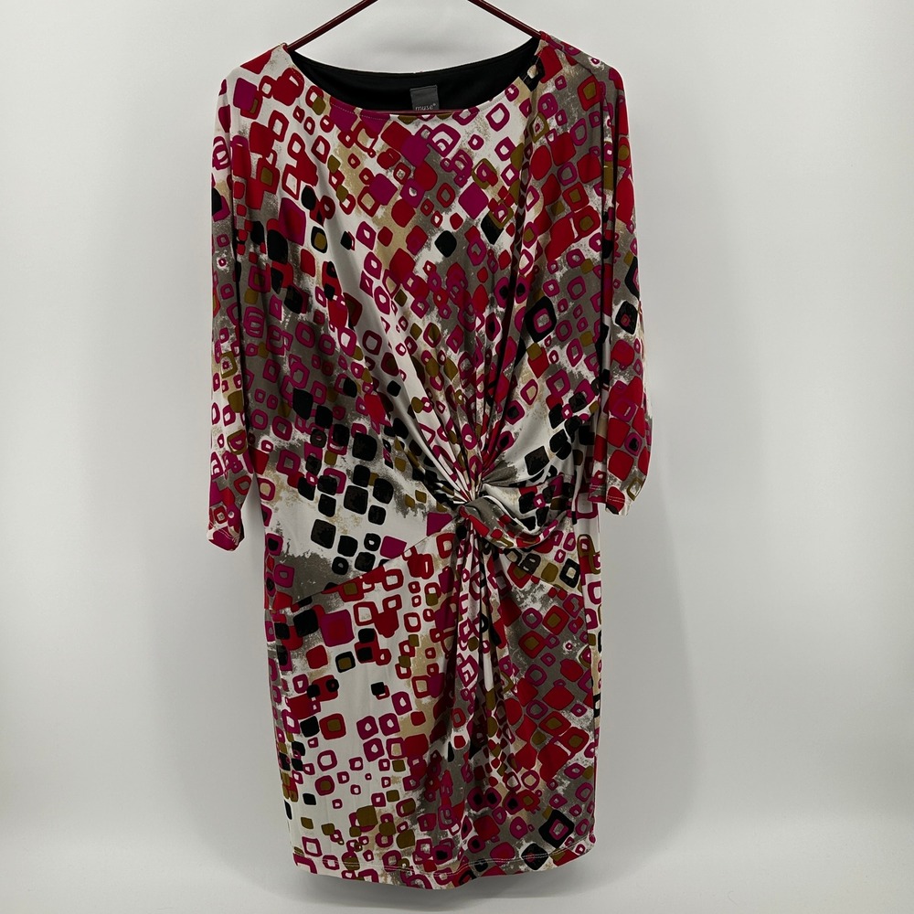 Muse Pink Red Geometric Square Knot Front 3/4 Sleeve Sheath Dress 10 Retro MCM